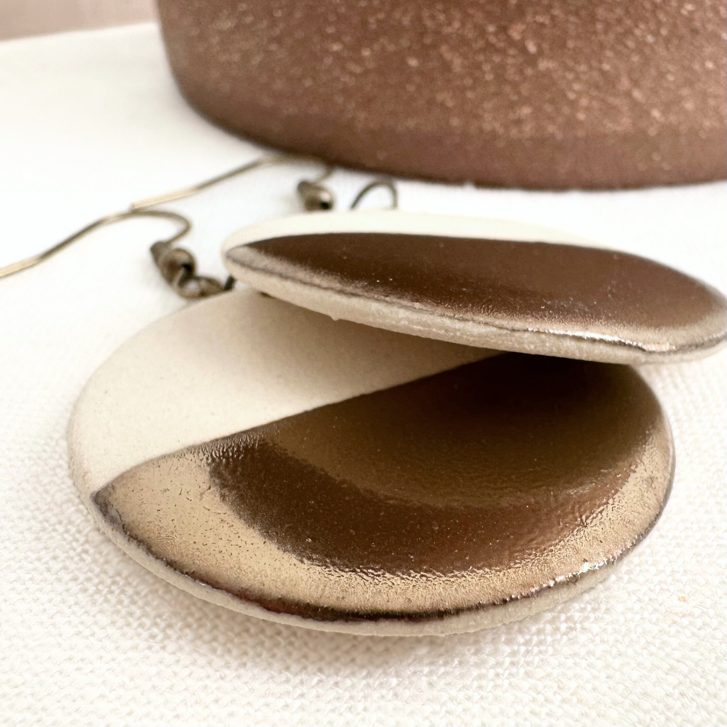 Handmade Ceramic Earrings (White, Round, Gold Dipped)
