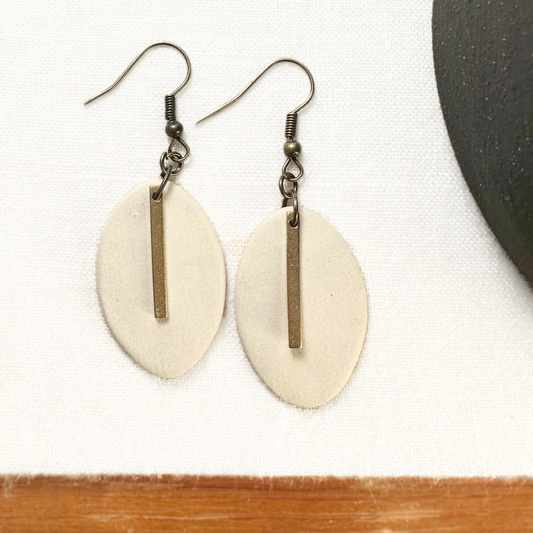 Handmade Ceramic Earrings (White, Oval, Gold Charmed)