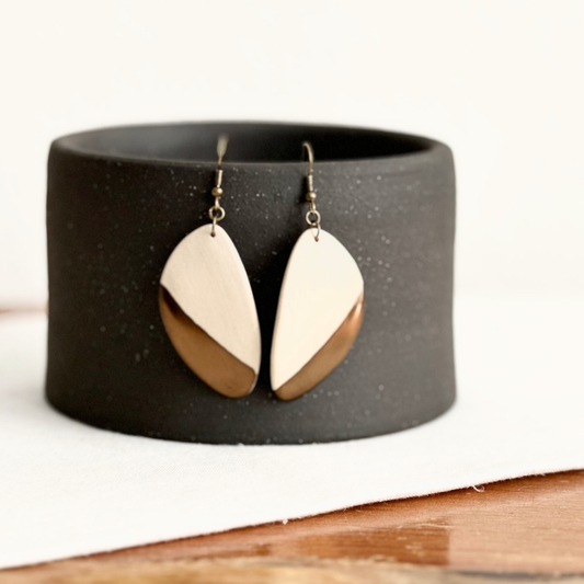 White Oblong Ceramic Earrings (Gold Dipped)