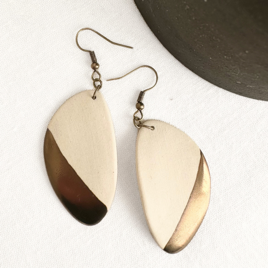 Handmade Ceramic Earrings (White, Oblong, Gold Dipped)