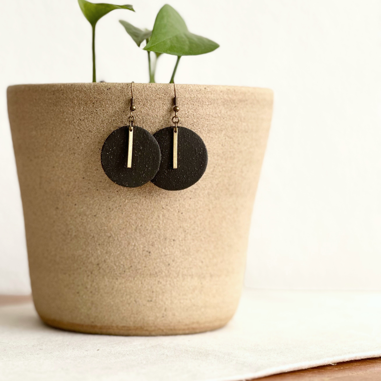 Black Round Ceramic Earrings (Gold Charmed)