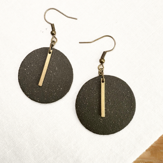 Handmade Ceramic Earrings (Black, Round, Gold Charmed)