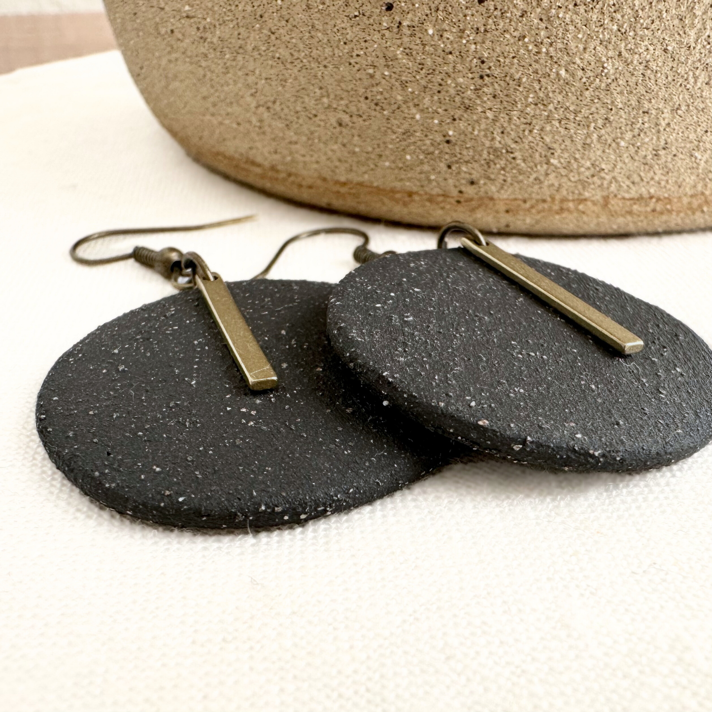 Black Round Ceramic Earrings (Gold Charmed)