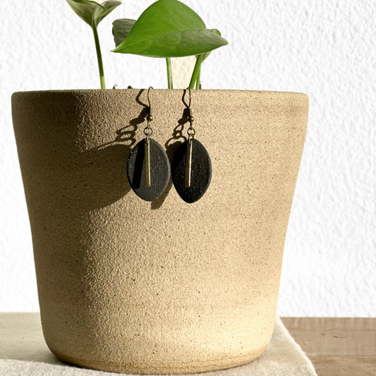 Black Oval Ceramic Earrings (Gold Charmed)