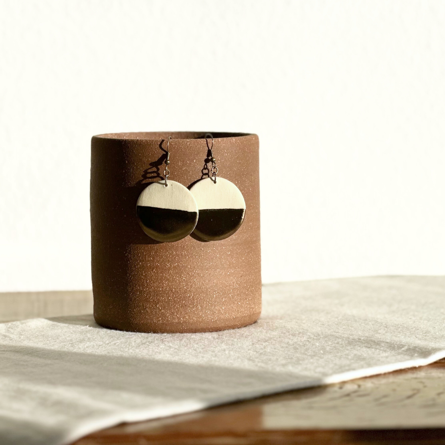 White Round Ceramic Earrings (Gold Dipped)