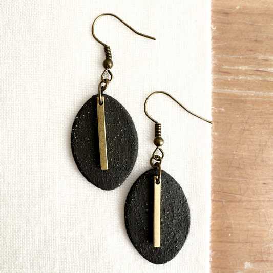 Handmade Ceramic Earrings (Black, Oval, Gold Charmed)