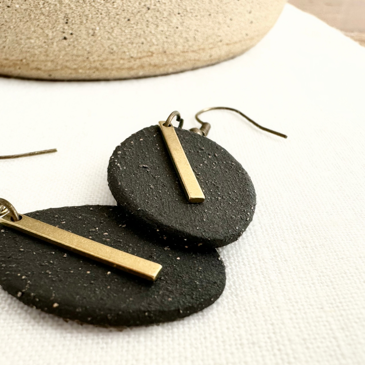 Handmade Ceramic Earrings (Black, Oval, Gold Charmed)