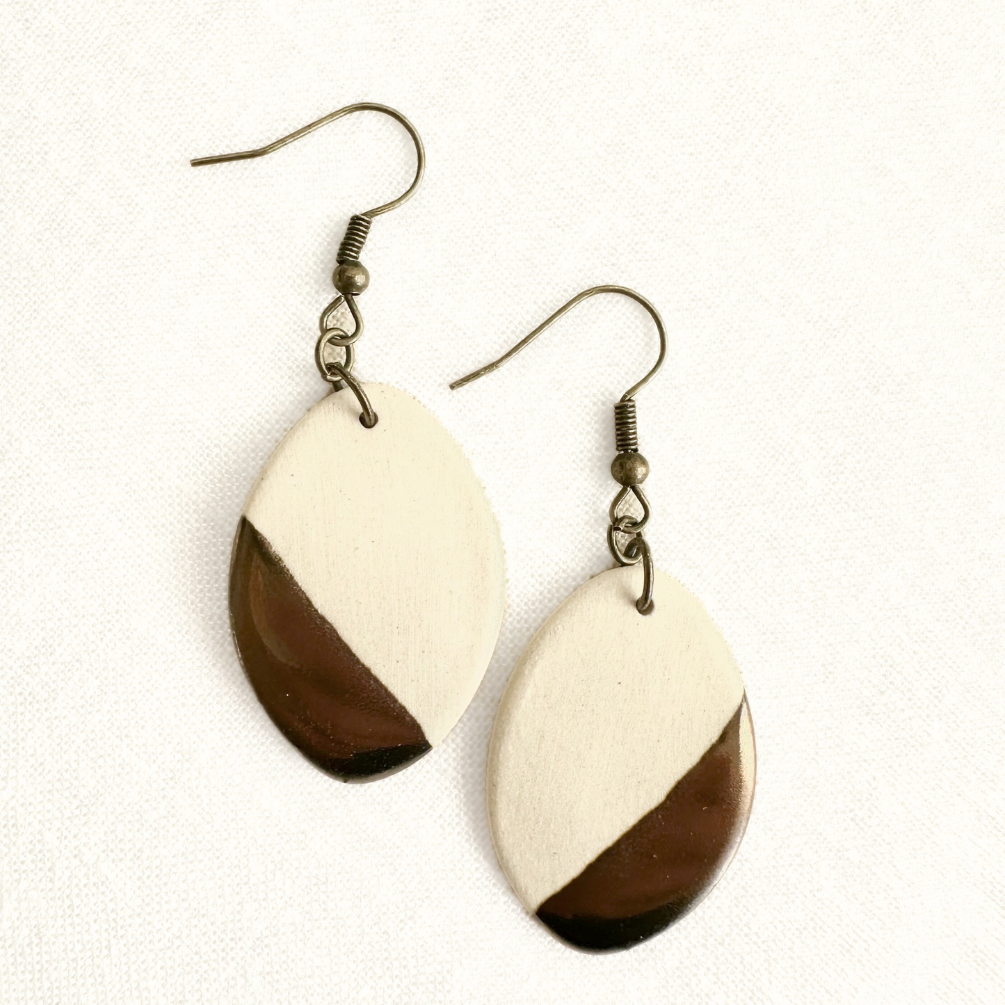 Handmade Ceramic Earrings (White, Oval, Gold Dipped)