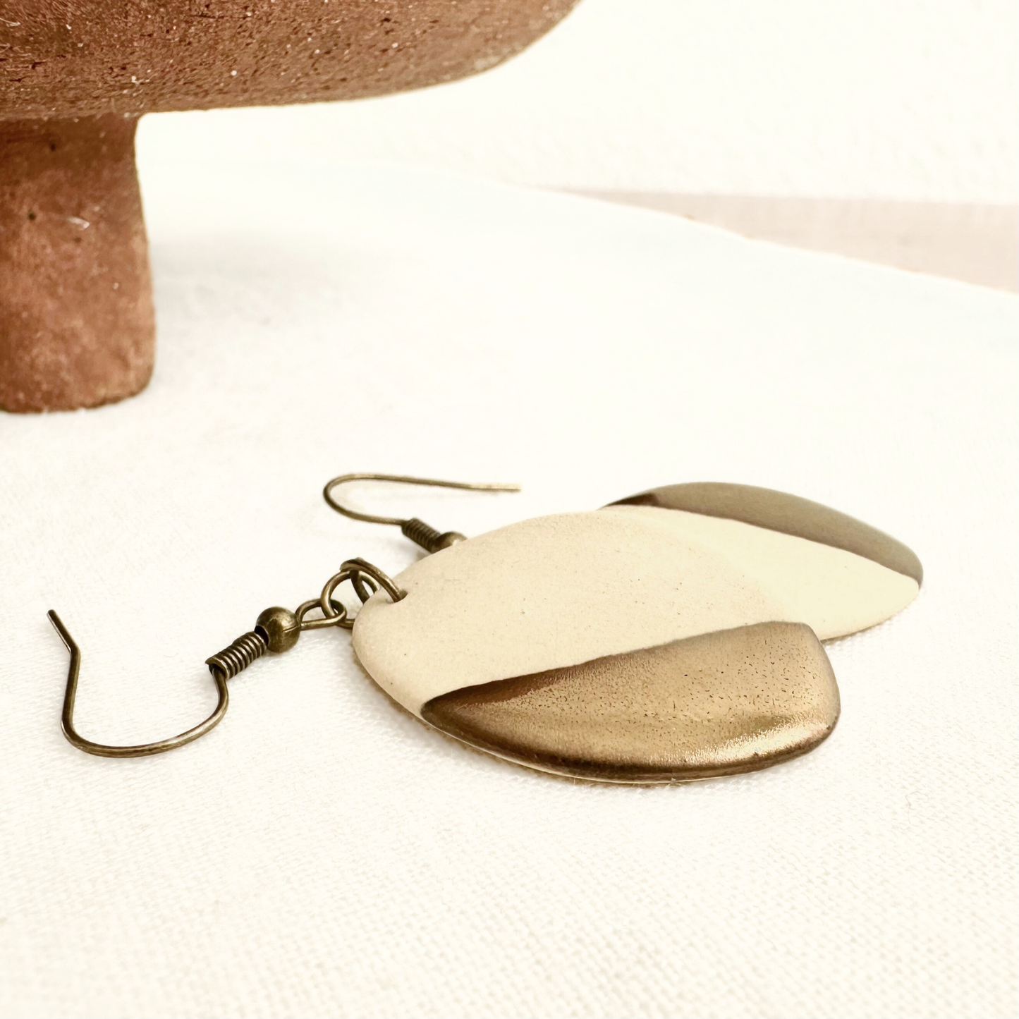 Handmade Ceramic Earrings (White, Oval, Gold Dipped)