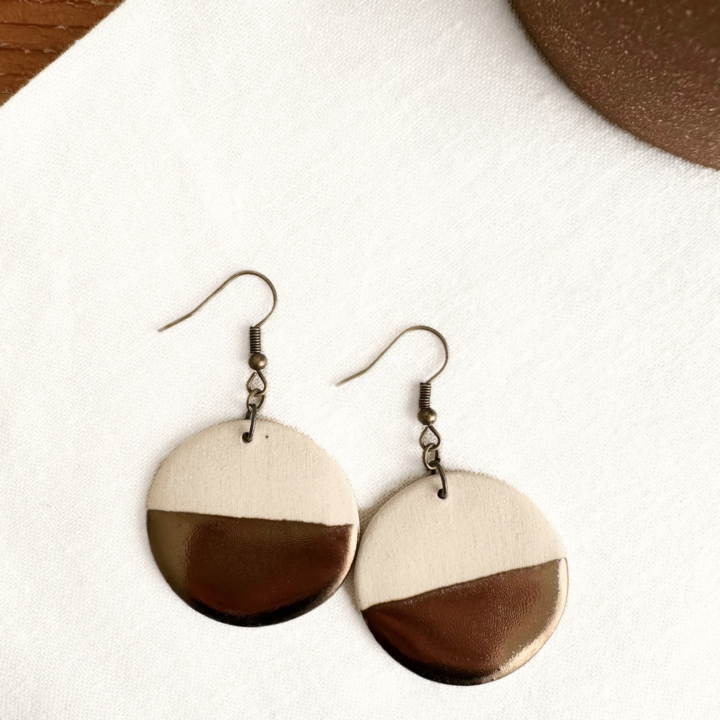 Handmade Ceramic Earrings (White, Round, Gold Dipped)
